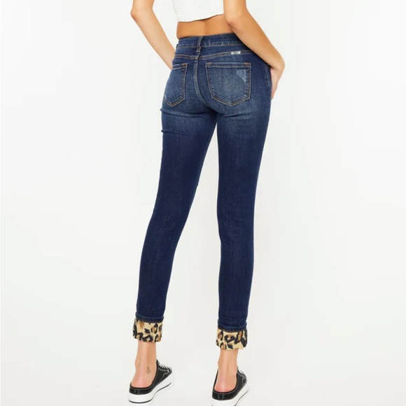 KanCan Stretchy Mid Rise Distress Ripped Leopard Patch Ankle Skinny Blue Jean 28 - Picture 7 of 15